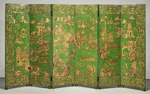 Chinese Six Panel Painted Wood Screen