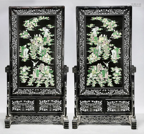 Pair Chinese Framed Enameled Porcelain Plaques