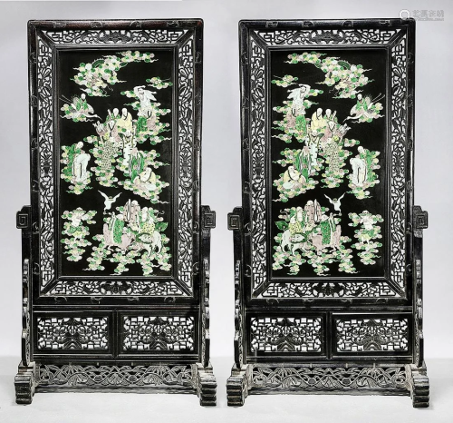 Pair Chinese Framed Enameled Porcelain Plaques