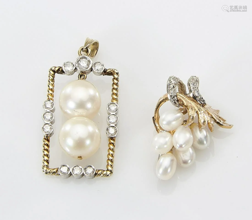 Two 14K Gold Pearl and Diamond Pendants