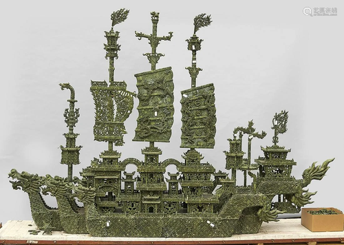 Massive Chinese Green Hardstone Dragon Boat