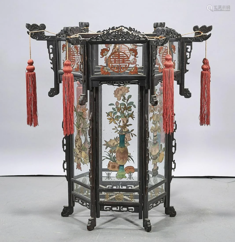Chinese Wood and Glass Hexagonal Lantern