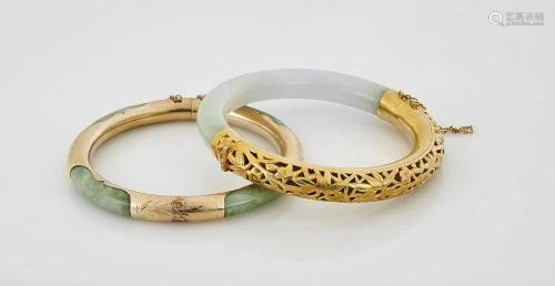 Two 14K Yellow Gold and Jadeite Bangles