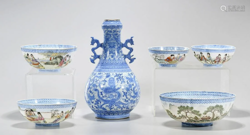 Group of Six Chinese Blue and White Enameled Cer…