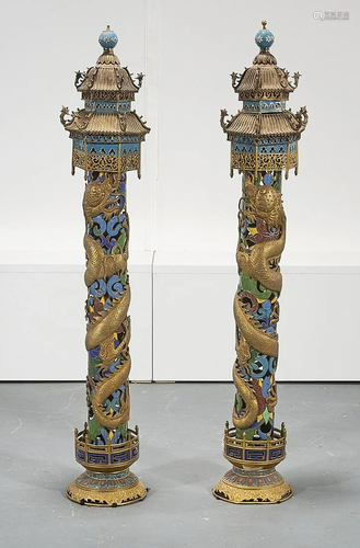 Pair Chinese Cloisonne Enamel Columns