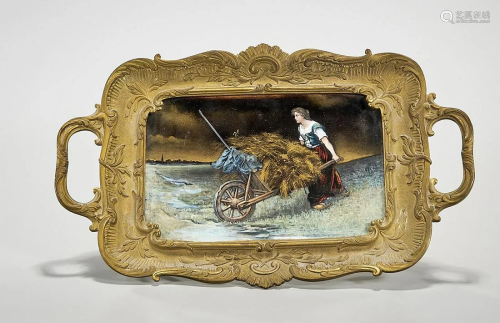 Painting on Copper, Set in Gilt Metal Footed Tray