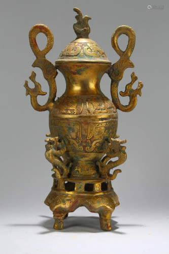 An Estate Chinese Duo-handled Fortune Bronze Vessel