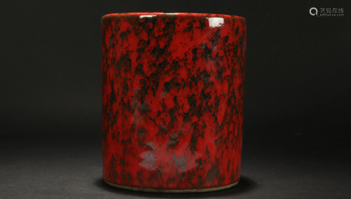 A Chinese Red-overlay Circular Porcelain Brush Pot