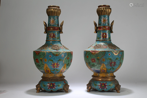 A Pair of Chinese Duo-handled Cloisonne Massive Va…