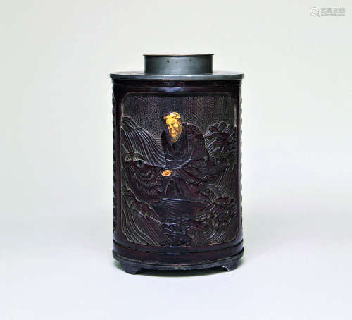 竹雕金鯉仙人圖茶罐
