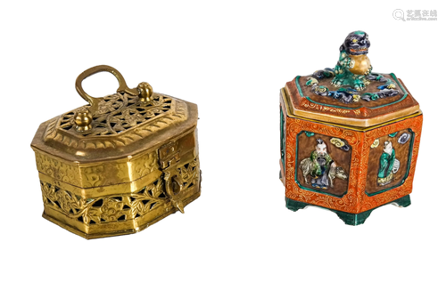 Two Asian Boxes - Brass, Porcelain