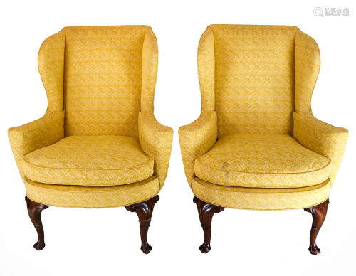 Pair Yellow Upholstered Wing Chairs