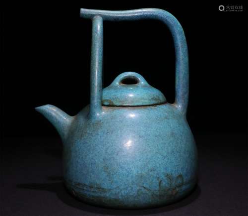 A CHINESE BOCCARD BLUE GLAZE LOOP-HANDLED TEAPOT