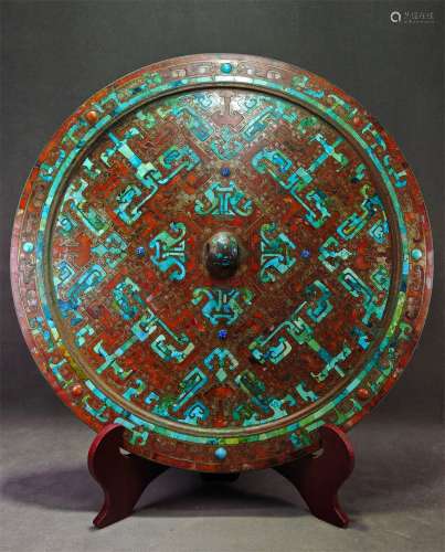 A WARRING STATES PERIOD BRONZE MIRROR INLAID WITH TURQUOISE, GOLD AND SILVER