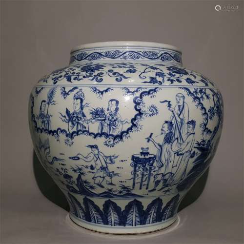 A MING DYNASTY BLUE AND WHITE FIGURE POT