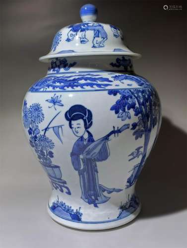 A QING KANGXI DYNASTY BLUE AND WHITE FIGURE GENERAL POT