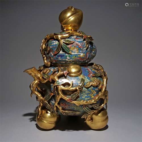 A QING DYNASTY GOLD PLATED CLOISONNE GOURD ORNAMENT