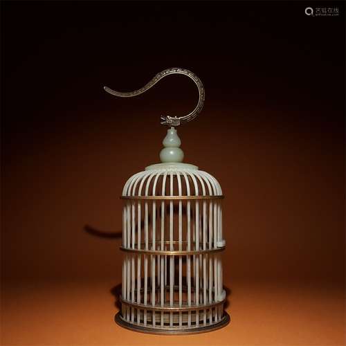 A QING DYNASTY HETIAN JADE BIRD CAGE