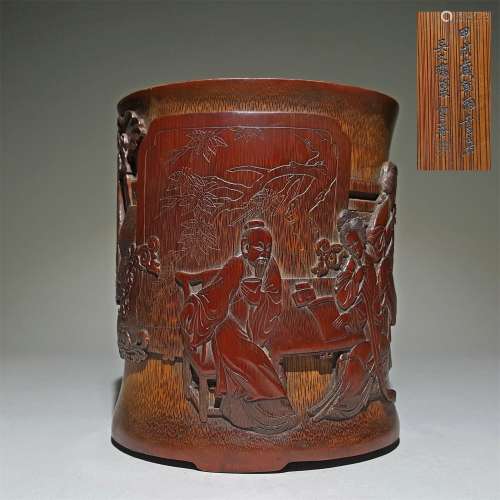 A QING DYNASTY BAMBOO CARVING FIGURE BRUSH HOLDER