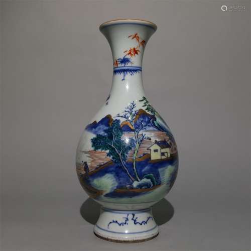 A QING YONGZHENG DYNASTY BLUE AND WHITE MULTICOLORED BOTTLE