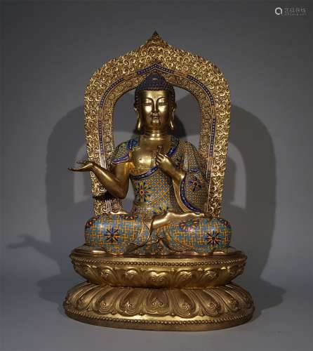 A QING DYNASTY BRONZE GILDED CLOISONNE BUDDHA