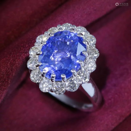 14K / 585 White Gold Blue Sapphire (IGI) & Diamon…