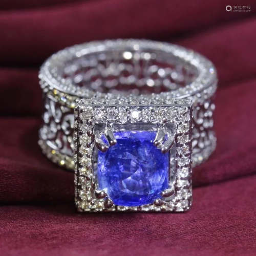 14K White Gold Blue Sapphire (IGI Cert.) & Diamon…