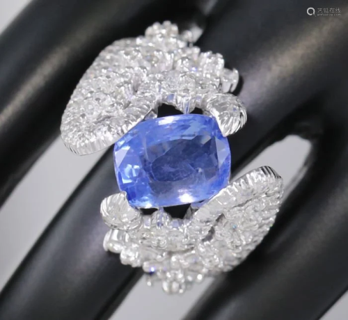 14 K White Gold Blue Sapphire (IGI Cert) & Diamon…