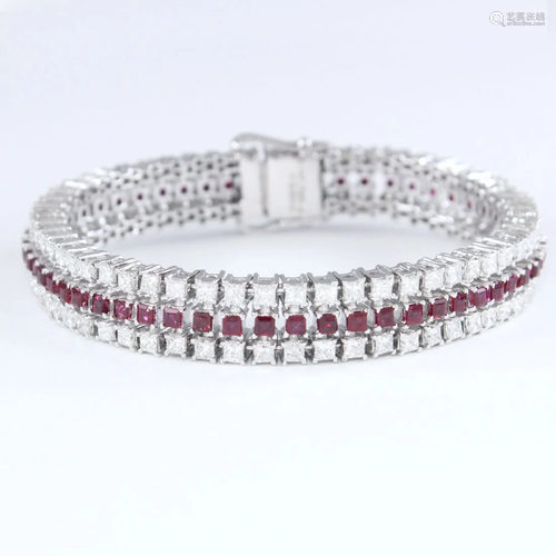 14K White Gold 3 Line Rubies & Diamonds Tennis Bra…