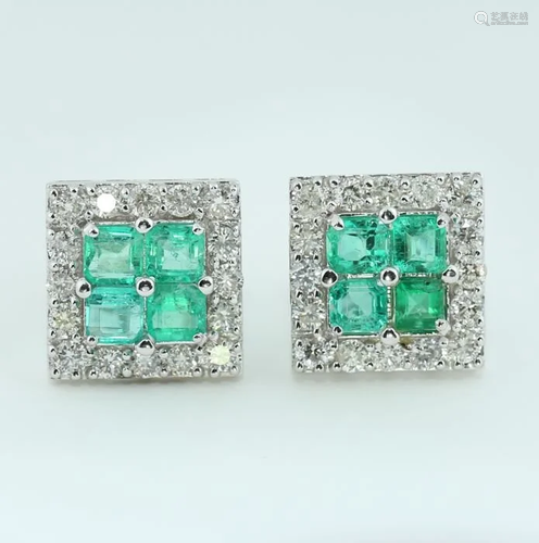 14 K White Gold IGI Cert. Diamond & Emerald Earr…