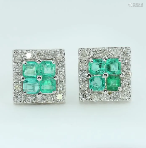 14 K White Gold IGI Cert. Diamond & Emerald Earr…