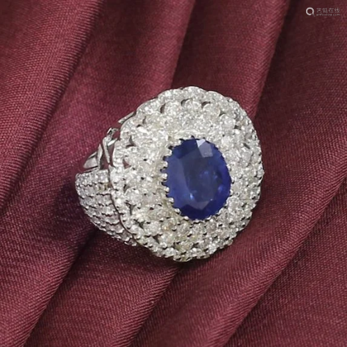 14 K White Gold Blue Sapphire (IGI) & Diamond Ring