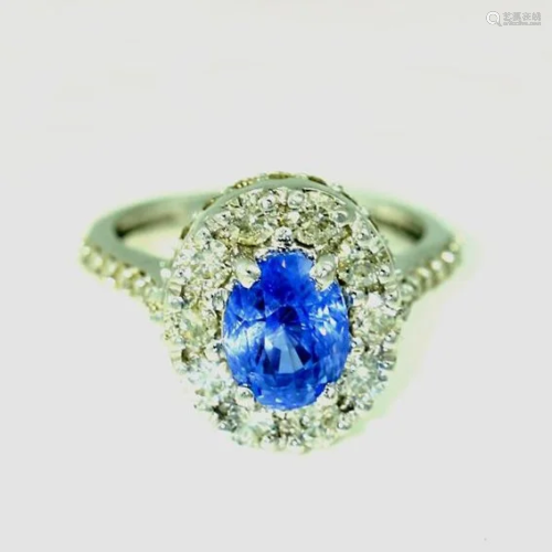 14K White Gold Blue Sapphire (IGI cert.) & Diamon…