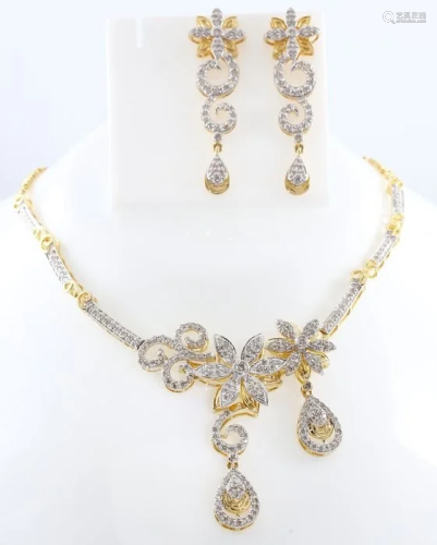 14 K Yellow Gold Diamond Necklace & Chandel…