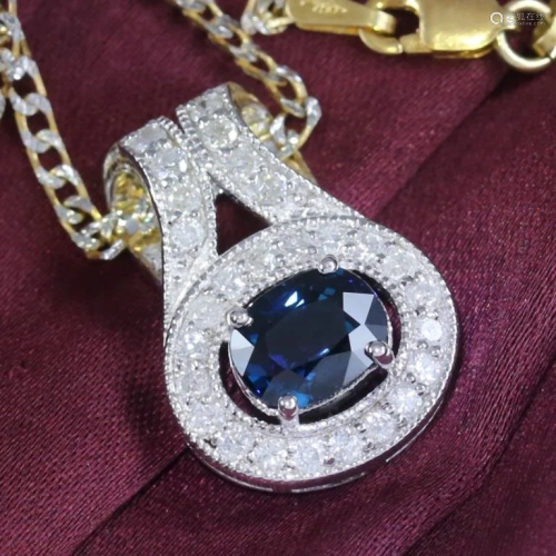 14K White Gold Blue Sapphire & Diamond Pendant …
