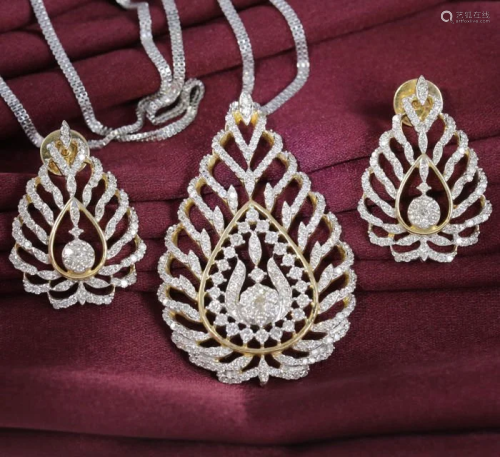 14 K Yellow Gold Leaf Shape Diamond Pendant & Ea…