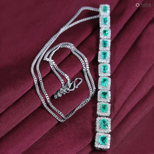 14 K / 585 White Gold Emerald Diamond Pendant Ne…