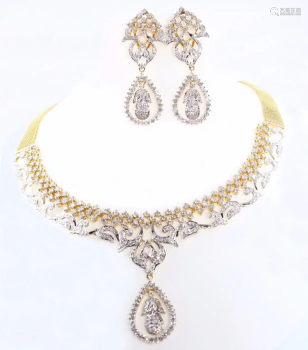 14 K Yellow Gold IGI Cert. Diamond Necklace & Ea…