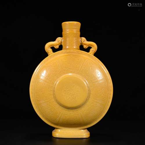 A Chinese Yellow Glazed Floral Carved Porcelain Vase