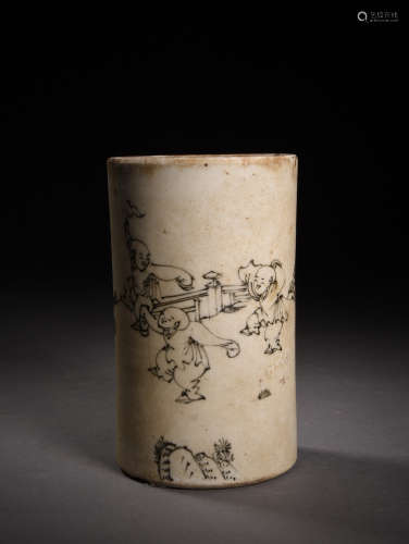 A Chinese Blue and White Children Painted Porcelain Brush Pot