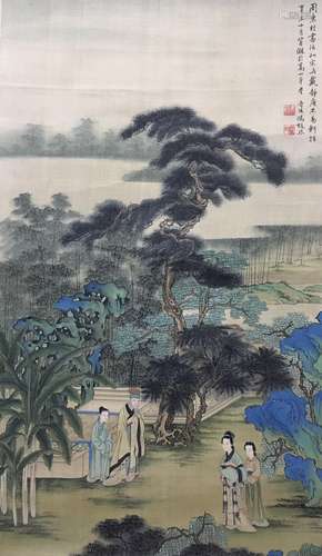 A Chinese Figure Painting Silk  Scroll, Feng Chaoran Mark