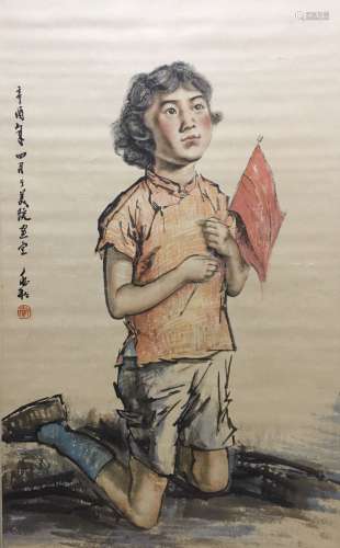 A Chinese Figure Painting Scroll, Jiang Zhaohe Mark