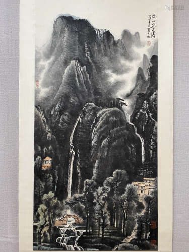 A Chinese Landscape Painting Scroll, Li Keran Mark