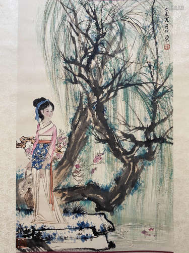 A Chinese Figure Painting Scroll, Liu Danzhai Mark