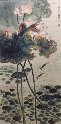 A Chinese Lotus Painting Scroll, Jiang Hanting Mark