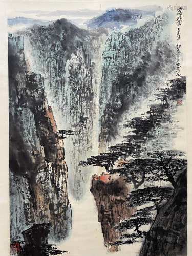 A ChineseLandscape  Painting Scroll, Ya Ming Mark