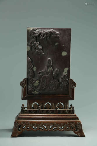 A Chinese Stone Carved Songzi Guanyin Table Screen