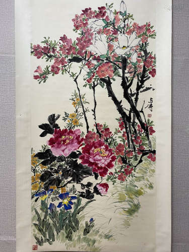 A Chinese Flower&bird Painting Scroll, Wang Xuetao Mark