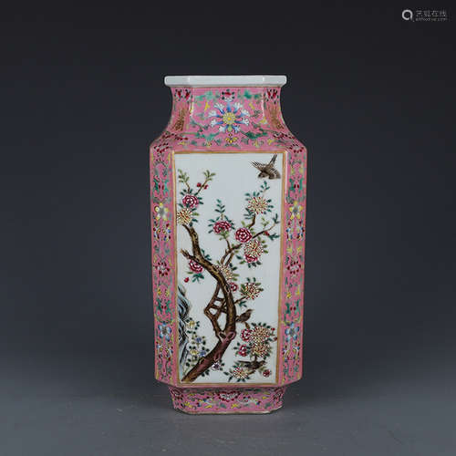 A Chinese Famille Rose Flower&Bird Pattern Porcelain Square Vase