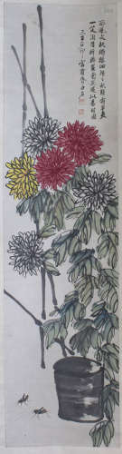 A Chinese Chrysanthemum Painting Scroll, Qi Baishi Mark